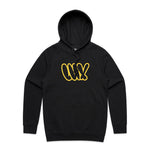 The LUXBMX Throwie Hoodie - Black features a front pocket and a bold yellow-outlined "WAX" graffiti-style LUX logo on the chest.