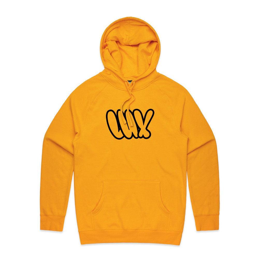 The LUXBMX Throwie Hoodie - Yellow is street-ready, features a front pocket, and has "WAV" in bold black bubble letters across the chest.
