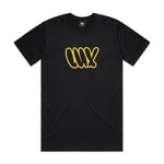 The LUXBMX Throwie Tee - Black is crafted from midweight cotton, featuring bold "LUX" bubble letters with yellow outlines centered on the chest—a classic LUXBMX style.