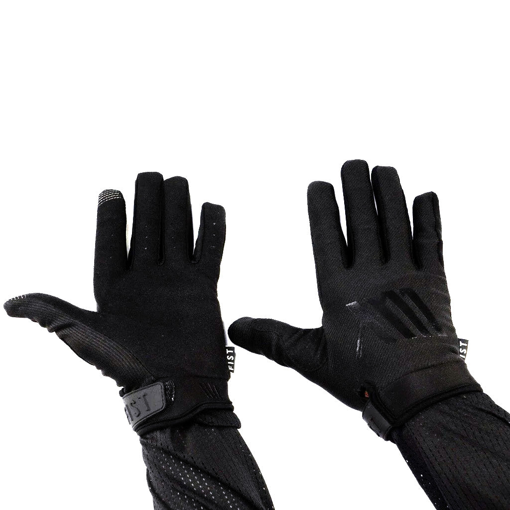 Description with keywords: A pair of black LUXBMX X FIST gloves on a white background.