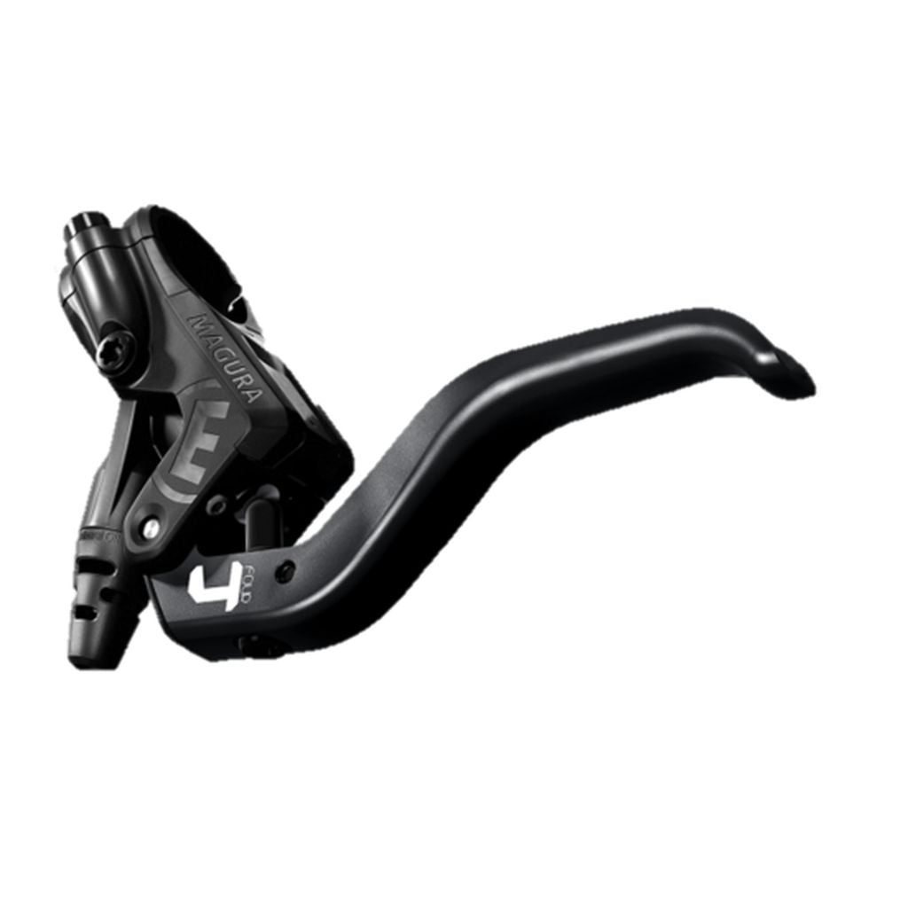 Black Magura MT4 2-Finger Post Mount Disc Brake Kit hydraulic bicycle brake lever isolated on a white background.
