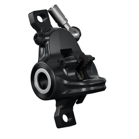 Car suspension knuckle component with a Magura MT4 2-Finger Post Mount Disc Brake Kit on a white background.