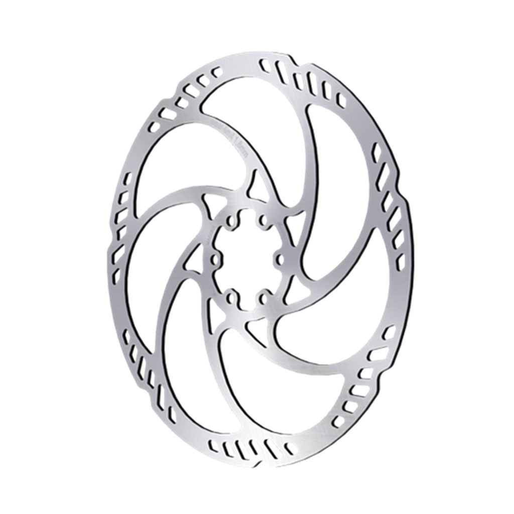 The Magura Storm HC 140mm Rotor features a spiral pattern and vent holes, designed to enhance braking performance and heat dissipation. This metallic bicycle disc brake rotor ensures efficient stopping power when used with Magura brakes.