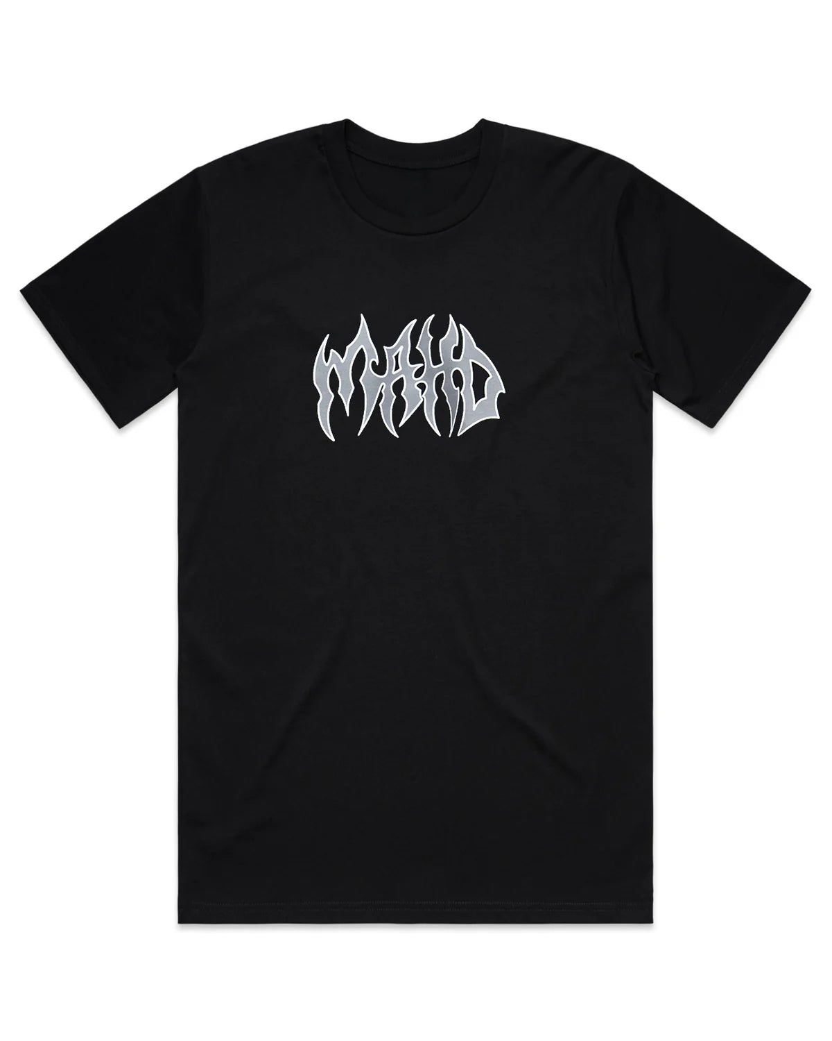 Mahd Metal Tee featuring a center logo with the word "MAYO" in stylized, flame-like white lettering on the chest.