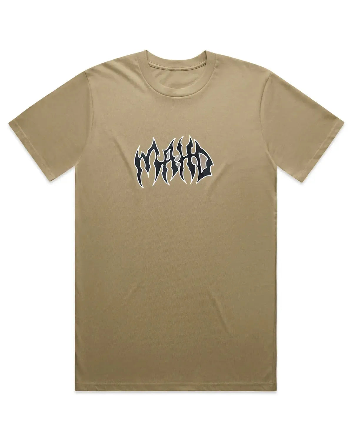 The Mahd Metal Tee is a sand-colored shirt featuring a stylized black and white "MAYO" logo centered on the chest.