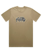 The Mahd Metal Tee is a sand-colored shirt featuring a stylized black and white "MAYO" logo centered on the chest.