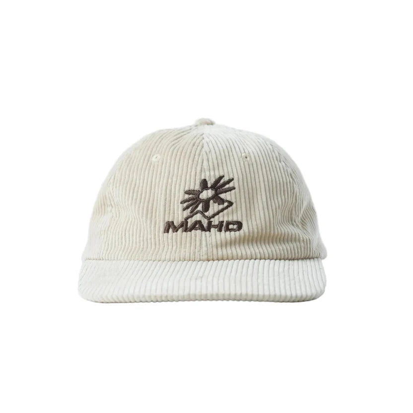 The Mahd Botanical Corduroy Hat features a cream design with a brown embroidered sun-like motif and "MAHO" on the front—an ideal accessory to elevate your style.