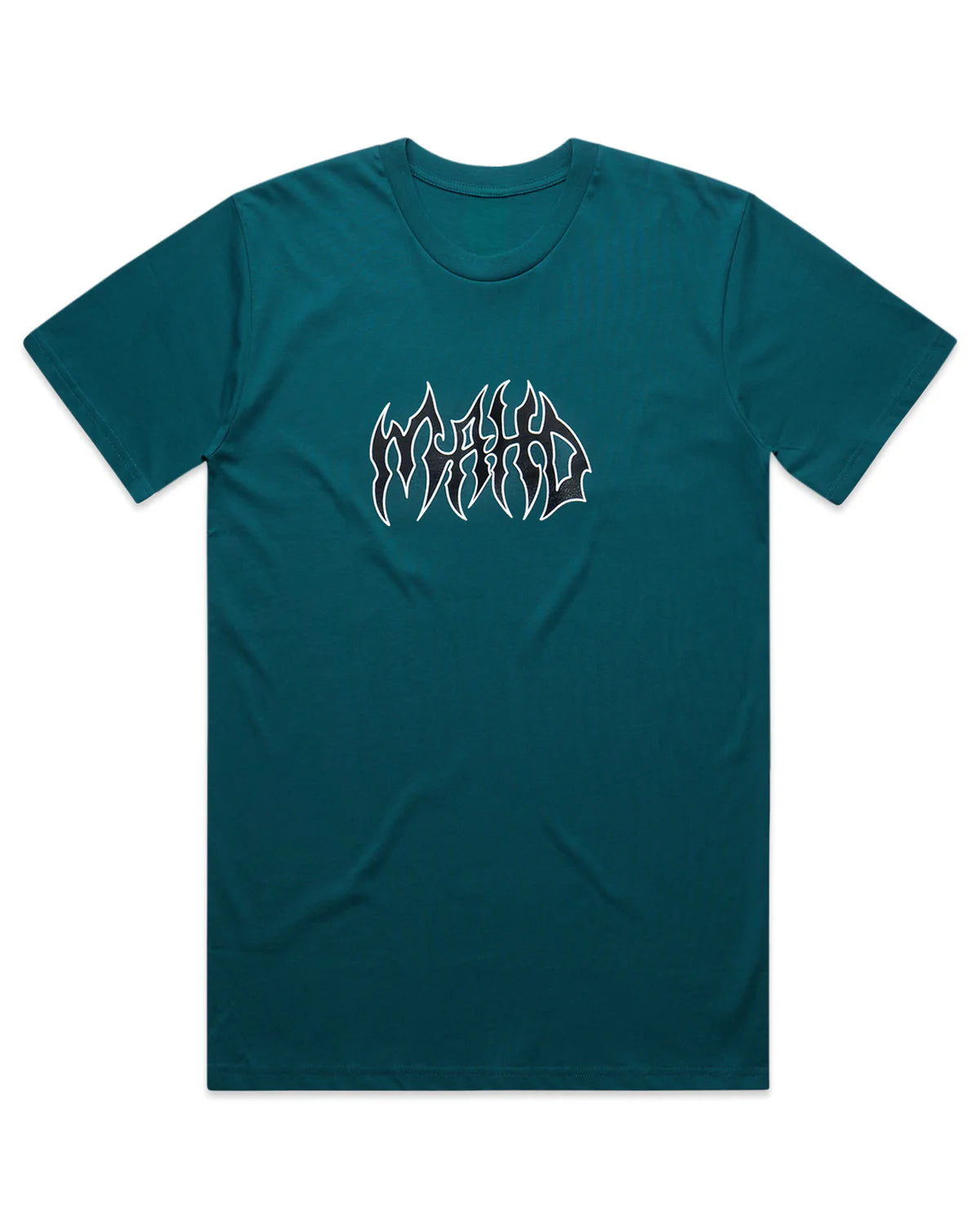 The Mahd Metal Tee is a teal short-sleeve shirt with a stylized white outlined center logo wordmark on the chest.