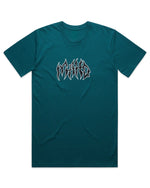 The Mahd Metal Tee is a teal short-sleeve shirt with a stylized white outlined center logo wordmark on the chest.