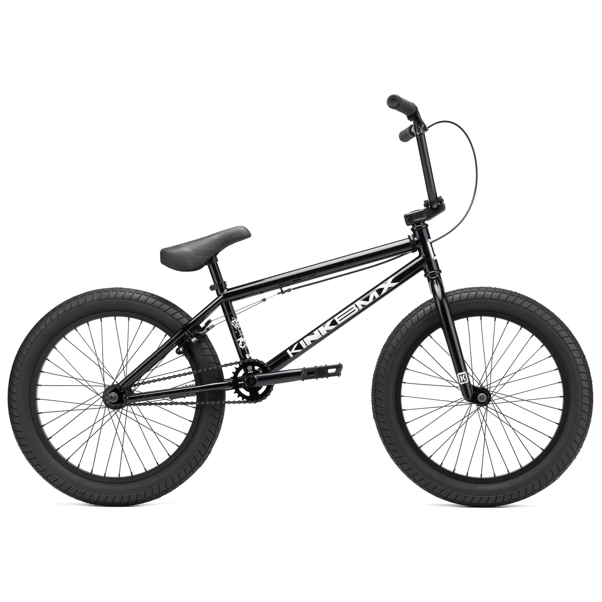 A black Kink Curb 20 Inch Bike with thick Mission Tracker Tyres, a sturdy frame, Kink Ace Grips on the handlebars, and a padded seat. The brand "Kink BMX" is displayed on the frame.