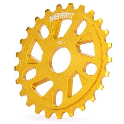 Yellow Merritt Ackerman Sprocket 25-tooth CNC’d 6061 aluminium BMX bike sprocket isolated on a white background.