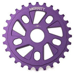 A purple Merritt Ackerman BMX bicycle sprocket, CNC’d from 6061 aluminium, isolated on a white background.