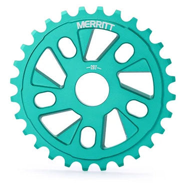 Teal-colored Merritt Ackerman Sprocket, CNC’d 6061 aluminium BMX bike sprocket with 28 teeth, featuring a geometric cut-out design.