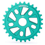 Teal-colored Merritt Ackerman Sprocket, CNC’d 6061 aluminium BMX bike sprocket with 28 teeth, featuring a geometric cut-out design.