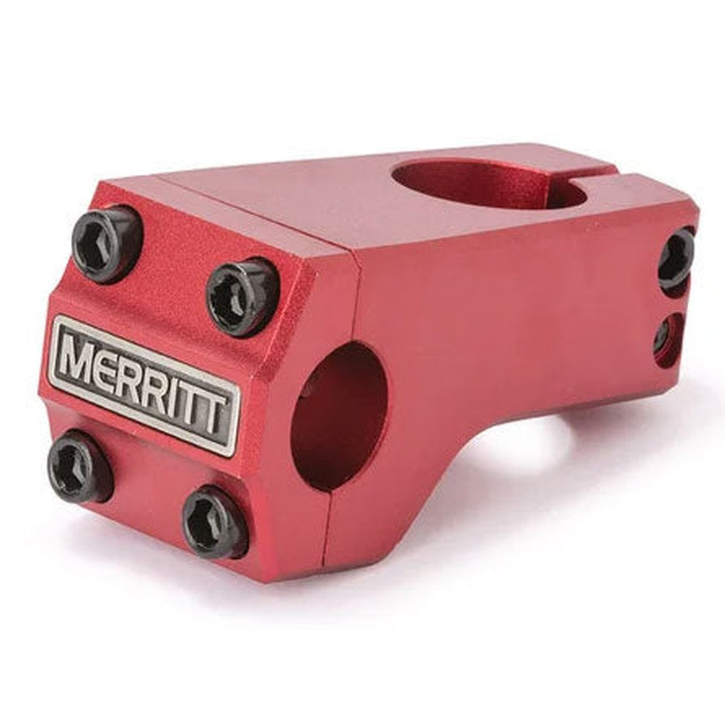 Red Merritt Inaugural Front Load Stem made of 6061 aluminum with visible bolts, isolated on a white background.