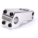 Merritt Inaugural bicycle front load stem with the brand name "merritt" engraved on the front, featuring multiple adjustment bolts, CNC machined from 6061 aluminum, isolated on a white background.
