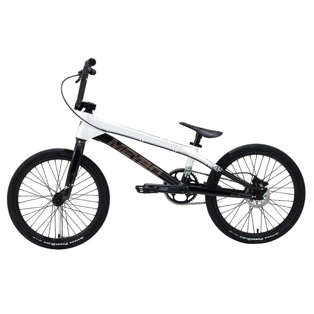 A white and black Meybo 2024 Superclass Pro 21 Bike on a white background, important to specify the keywords "white" and "bmx bike" in the given product description.