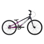The Meybo 2025 Clipper Junior Bike, an entry-level race bike, boasts a black and purple BMX-style frame, sleek black seat, large wheels, and straight handlebar. Showcased on a white background, it's ideal for BMX racing beginners.
