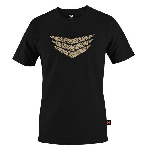 The Meybo Flight T-Shirt showcases a stylish geometric gold emblem on the chest and includes a subtle black tag with an orange accent on the side, designed for youth sizes and perfect for those who enjoy sleek fashion.