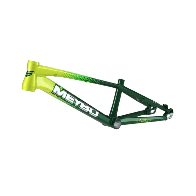 Meybo 2026 Holeshot Pro XXXXL BMX race frame in green and yellow with a white logo, featuring a 23-inch top tube, isolated on a white background.