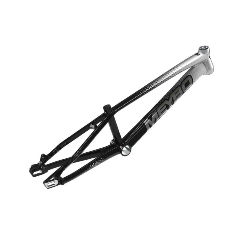 The Meybo 2026 Holeshot Expert Frame features a black and silver gradient finish with the brand "MERO" on the side, inspired by hydroformed high-performance BMX race frames, isolated on a white background.