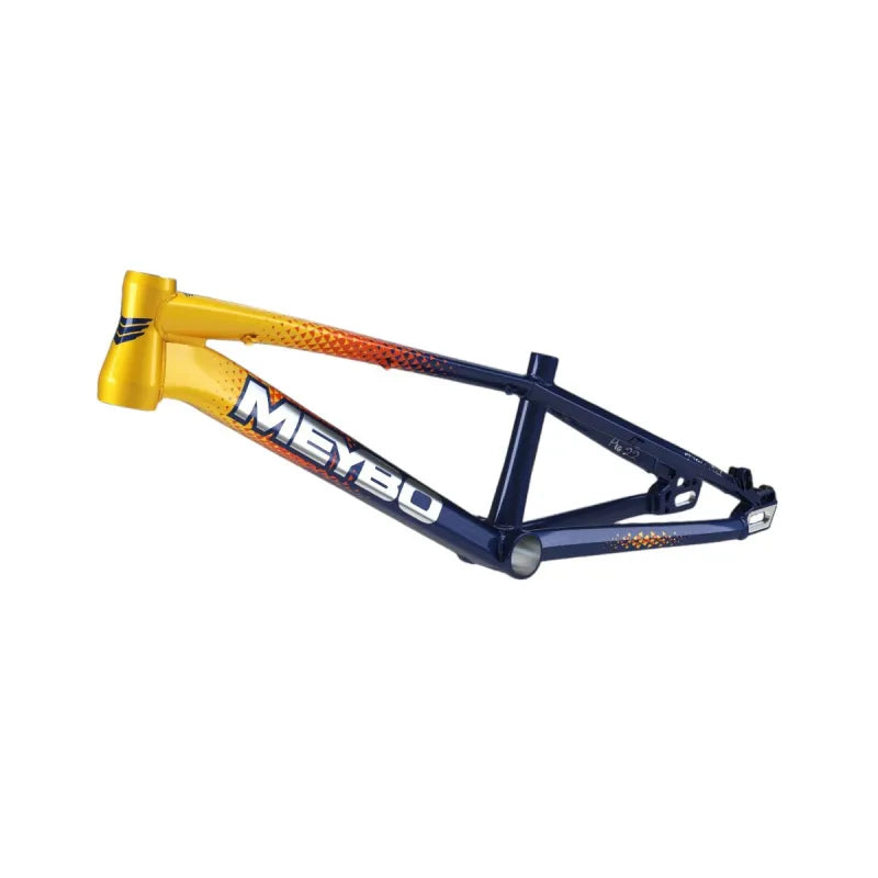 The Meybo 2026 Holeshot Pro XXXXL Frame is a BMX race frame with a 23" top tube, yellow and blue gradient finish, and "Meybo" branding on the side.