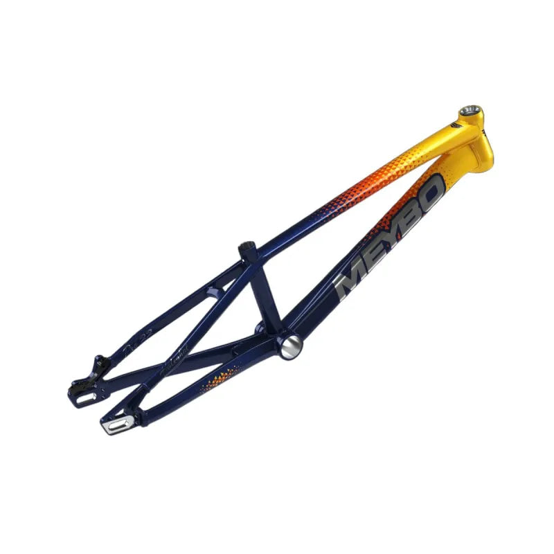 The Meybo 2026 Holeshot Mini Frame features a blue base fading to yellow and orange at the head tube, with bold silver "ME30" graphics. Made from 6061 T-6 hydroformed aluminum, this BMX race frame combines speed with standout style.