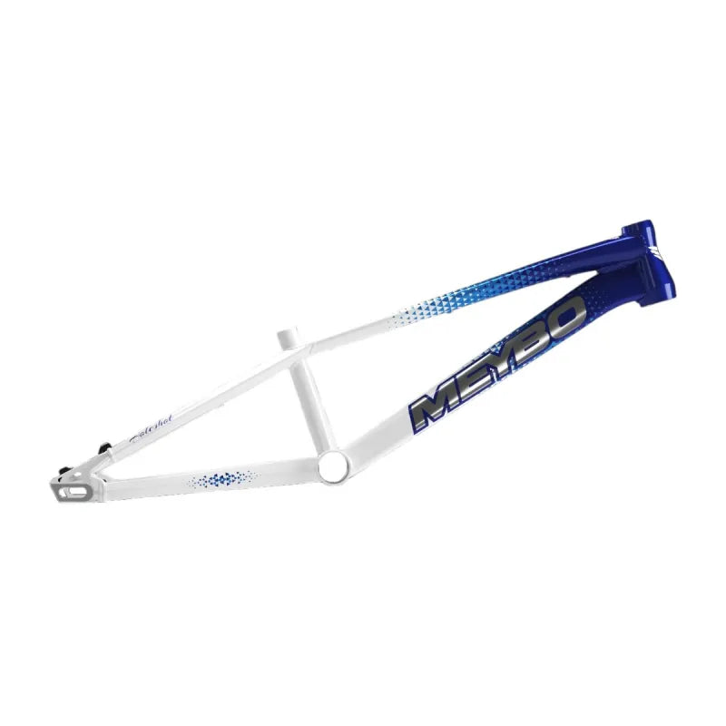 The Meybo 2026 Holeshot Pro L Frame is a white and blue BMX race frame with "MEYBO" branding, a sloped top tube, lightweight build, and geometric details by the head tube and rear stays—perfect for BMX racing fans.