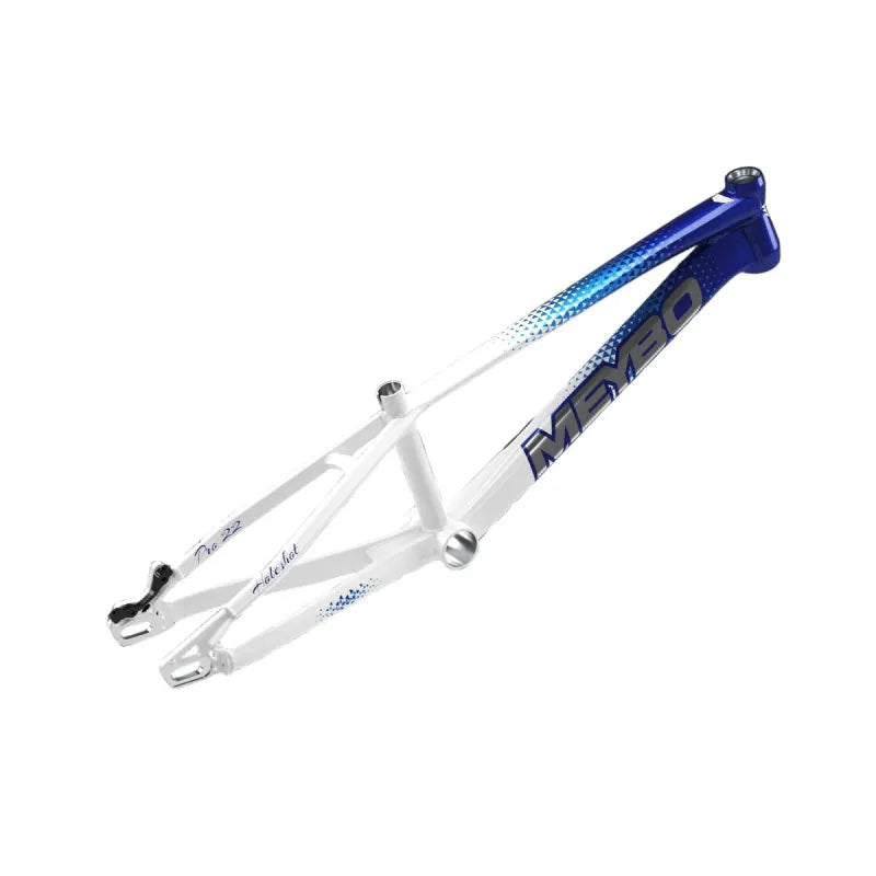 White and blue Meybo 2026 Holeshot Pro XXXXL BMX race frame with “MD 50” branding and a 23-inch top tube, shown against a white background without any components attached.