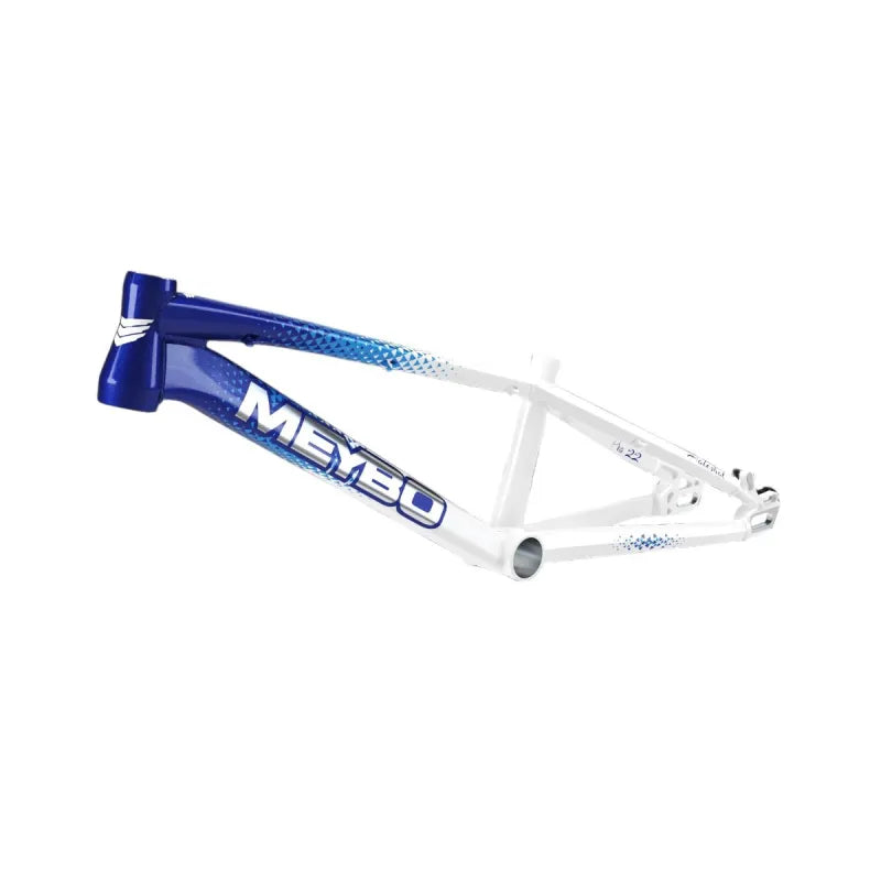 The Meybo 2026 Holeshot Pro XXXXL Frame features a white and blue design with a 23-inch top tube, shown from the side to highlight its BMX race branding against a plain background.