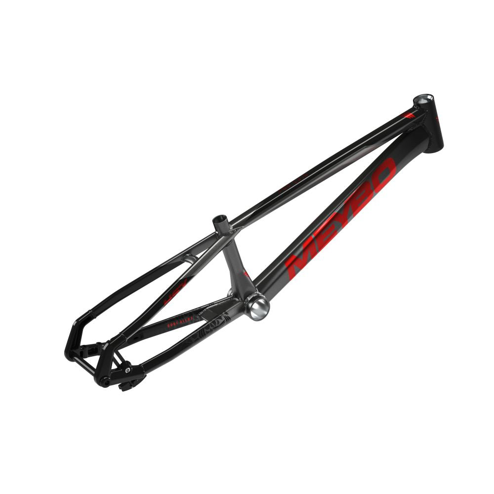 The Meybo 2025 HSX Alloy Pro L Frame is a black and gray aluminium bicycle frame with bold red text on the side, photographed at an angle against a white background, designed for UCI circuit performance.