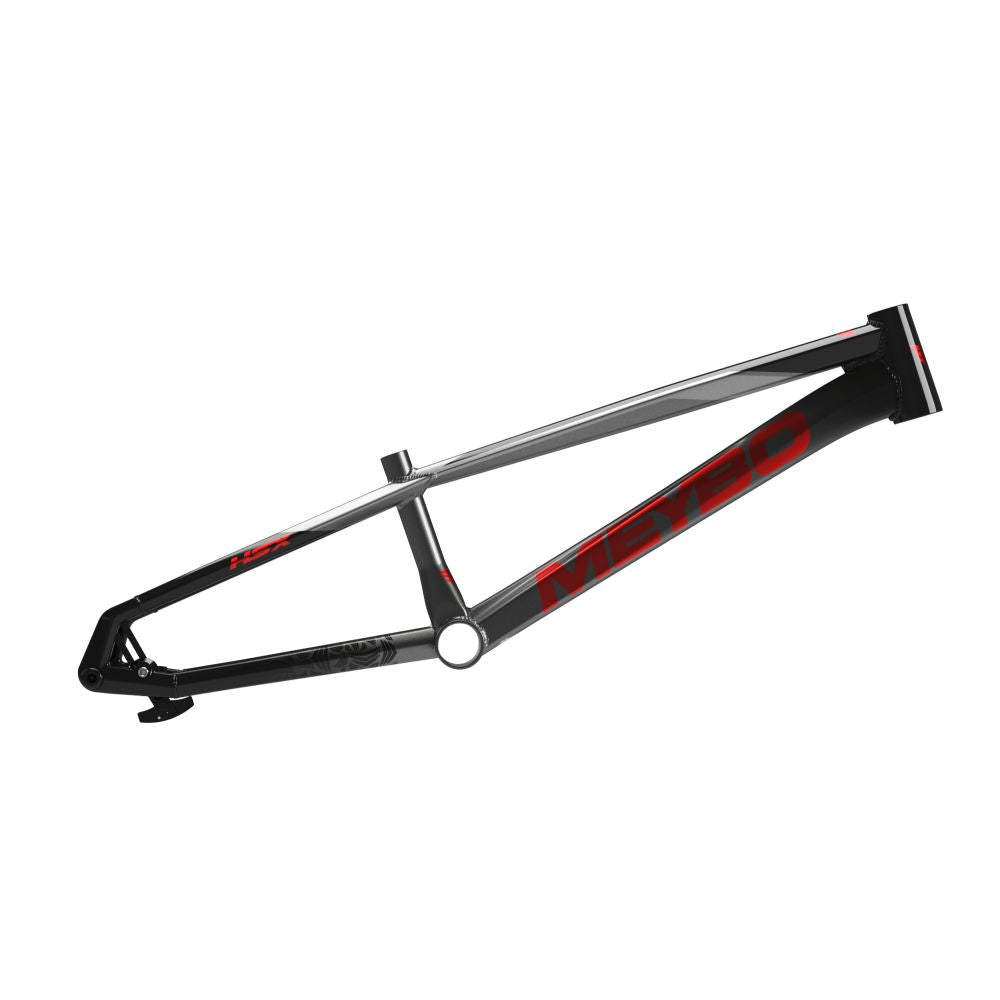 The Meybo 2025 HSX Alloy Pro L Frame, showcasing a red "MEYBO" logo against a black finish, is crafted from durable aluminum for the UCI circuit. It awaits wheels, a seat, and handlebars to complete its sleek appearance against the white background.
