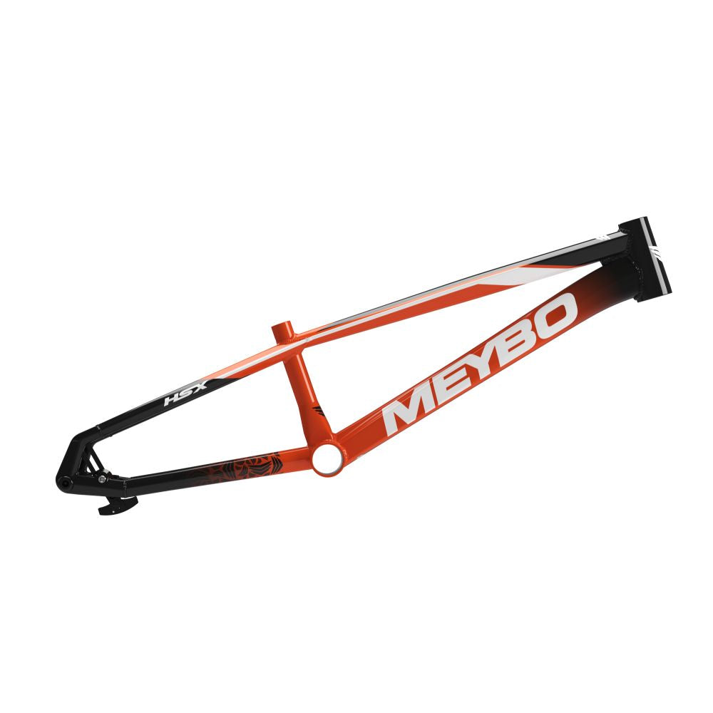 The orange and black Meybo 2025 HSX Alloy Pro L BMX bike features a sleek aluminium frame, ideal for the UCI circuit, with "Meybo" prominently displayed on its side.