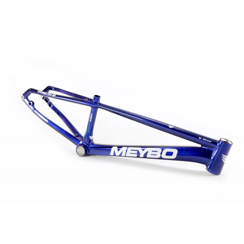 A blue Meybo 2024 HSX Pro XXL bike frame with the word meybo on it, made of aluminium and featuring 6061 T-6 multiple butted hydroformed tubing.