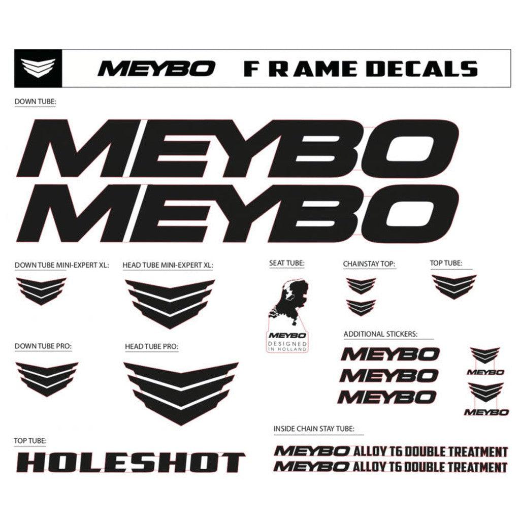 Assortment of black and white Meybo Universal Frame Sticker Kit for various bike parts like down tube, seat tube, and chainstay.
