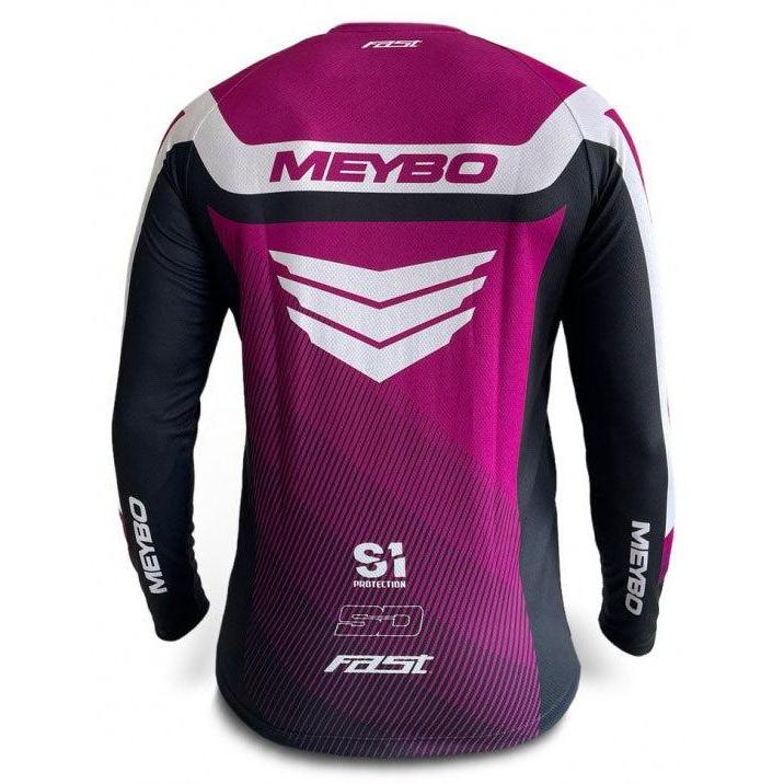 The back of a pink and black Meybo V6 Slimfit Race Jersey with the word mebo on it.