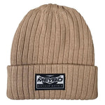 The Meybo Wing Beanie is a beige ribbed knit hat with a folded brim, featuring a black and white "Meybo Bicycle Moto X" patch—ideal for winter or any Meybo fan.