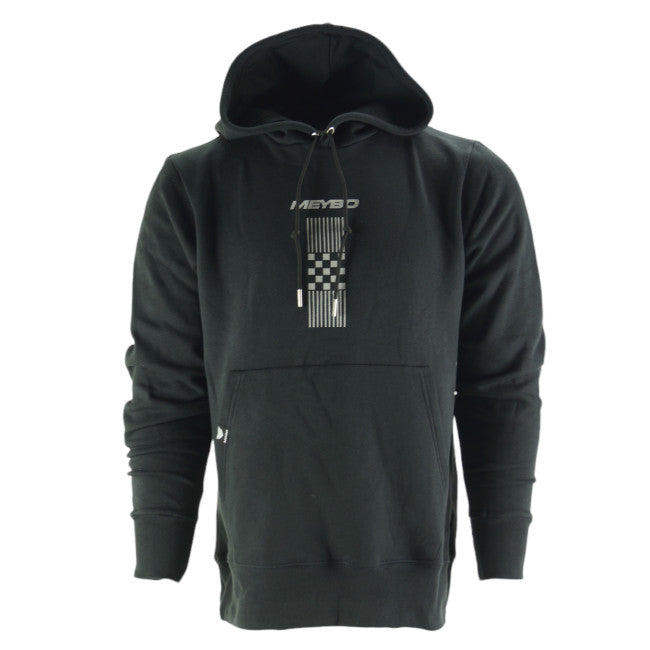 Black Meybo Finish Line Hoodie with front pocket and graphic design on chest.