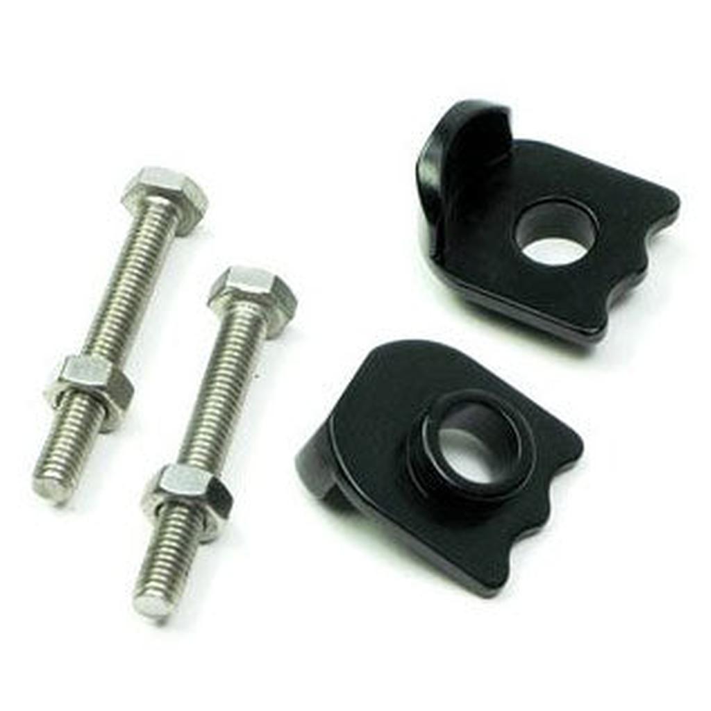 The Meybo Holeshot Chain Tensioner Kit (10mm Axle for 15mm Drop Outs) includes two metal bolts with nuts and two black mounting brackets with circular and semicircular cutouts, shown on a white background.