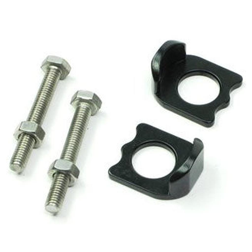 The Meybo Holeshot Chain Tensioner Kit 15mm Axle for 15mm Drop Outs includes two bolts with nuts and two black metal brackets with circular holes, shown on a white background—ideal for your Meybo Holeshot setup.
