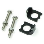 The Meybo Holeshot Chain Tensioner Kit 15mm Axle for 15mm Drop Outs includes two bolts with nuts and two black metal brackets with circular holes, shown on a white background—ideal for your Meybo Holeshot setup.