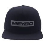 The Meybo Podium Cap Snap Back Cap is a stylish black baseball cap that prominently displays "MEYBO" in bold white letters on the front, making it ideal for capturing your winning moments.