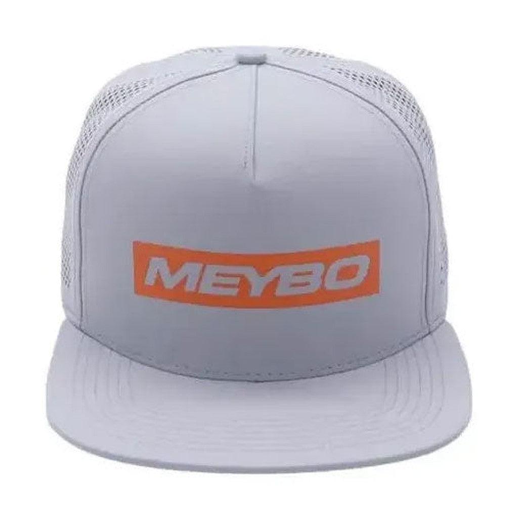 The Meybo Podium Cap Snap Back Cap is a gray snapback hat that showcases a striking orange "MEYBO" logo on the front, capturing the essence of winning in style.