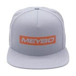 The Meybo Podium Cap Snap Back Cap is a gray snapback hat that showcases a striking orange "MEYBO" logo on the front, capturing the essence of winning in style.