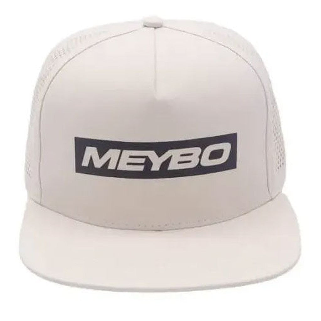 The Meybo Podium Cap Snap Back Cap is a beige masterpiece adorned with a black rectangular patch on the front that boldly showcases "MEYBO." With its mesh back panel, this cap not only stands as a symbol of style but also captures the essence of winning and envisioning success.