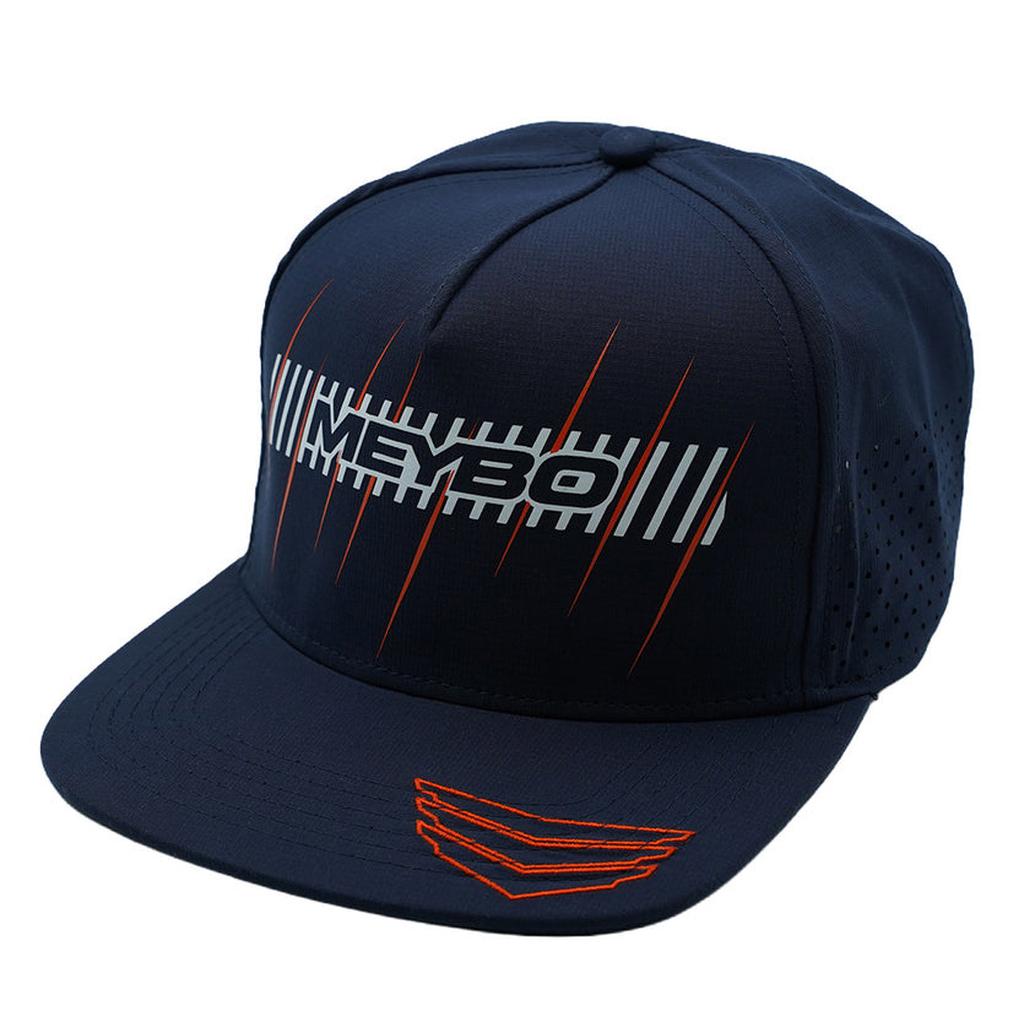 The Meybo Victory Trucker Cap Snap Back features a navy blue flat brim, “MEYBO” with white-striped graphics on the front, bold orange accents, and breathable perforated side panels—perfect for celebrating a podium finish.