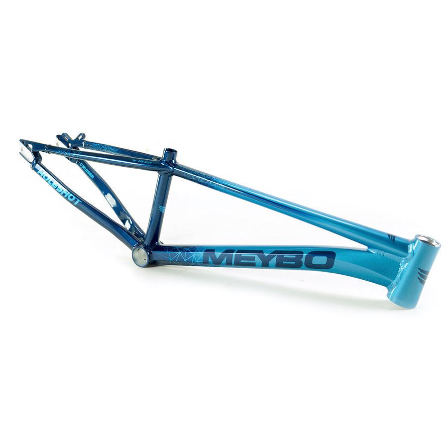 A blue Meybo 2024 Holeshot Expert bmx frame with disc brake on a white background.