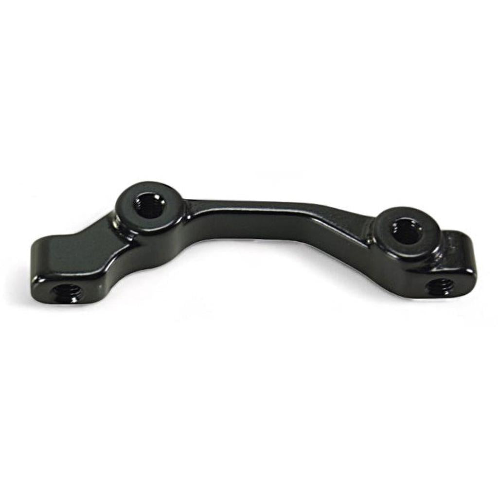 Black metal bracket with three holes—one at each end and one in the center—shown against a white background. The Meybo Holeshot Frame Disk Brake Mount Kit 2024 plus is designed for use with the Meybo Holeshot disc brake mount and is compatible with a 120mm disc brake rotor.