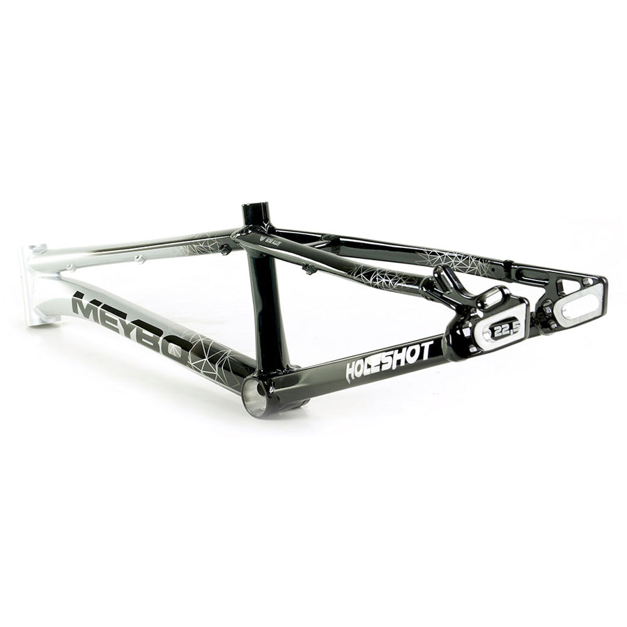 A black Meybo 2024 Holeshot Expert XL bike frame, ideal for BMX race enthusiasts, equipped with disc brakes.