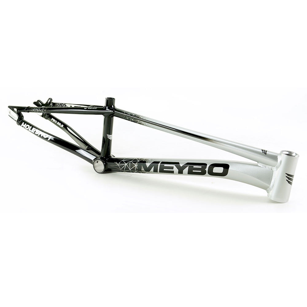 A Meybo 2024 Holeshot Pro XXL bike frame with the word Maybo on it and equipped with disc brakes.